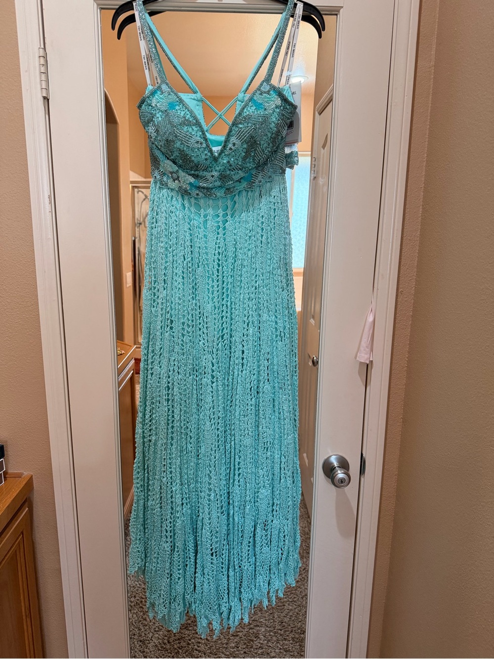 Sherri Hill Aqua Crochet Lace Maxi Dress
